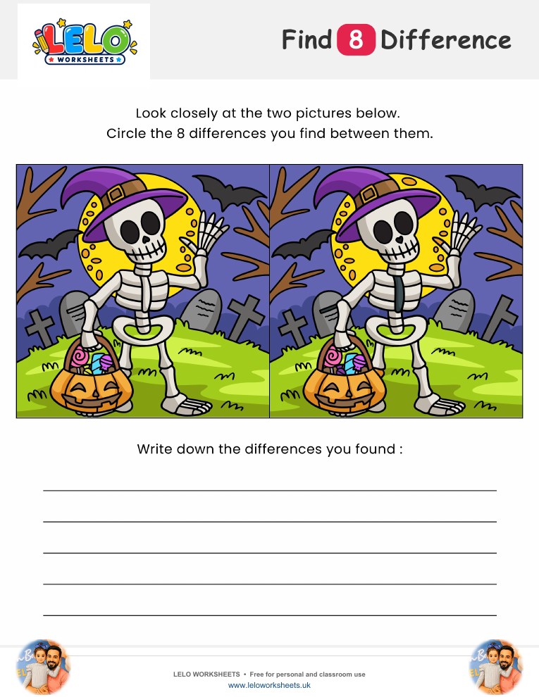 Skeleton Halloween Spot the Difference Worksheet worksheet preview