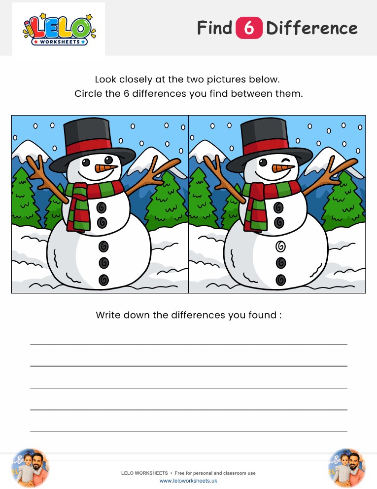 Snowman Spot the Difference Worksheet worksheet preview