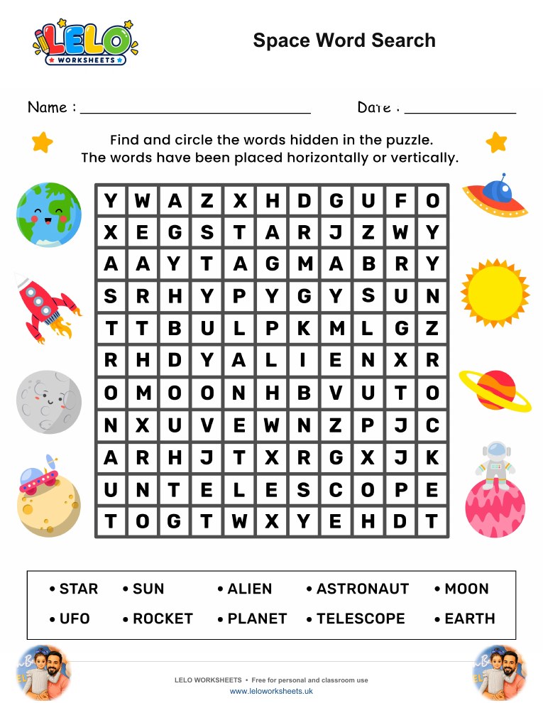 Space Word Search puzzle worksheet preview