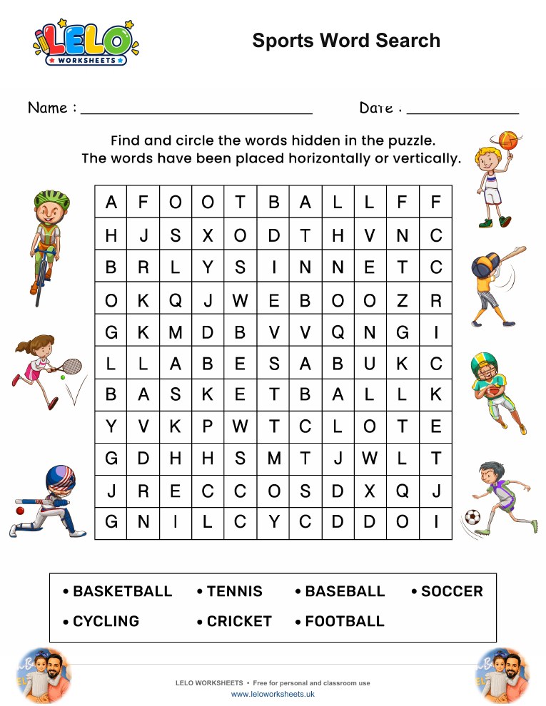 Sports Word Search puzzle worksheet preview