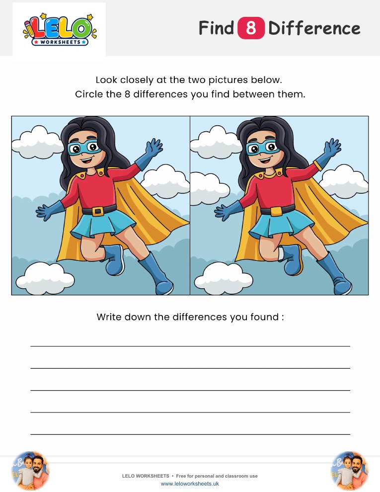 Superhero Girl Spot the Difference Worksheet worksheet preview