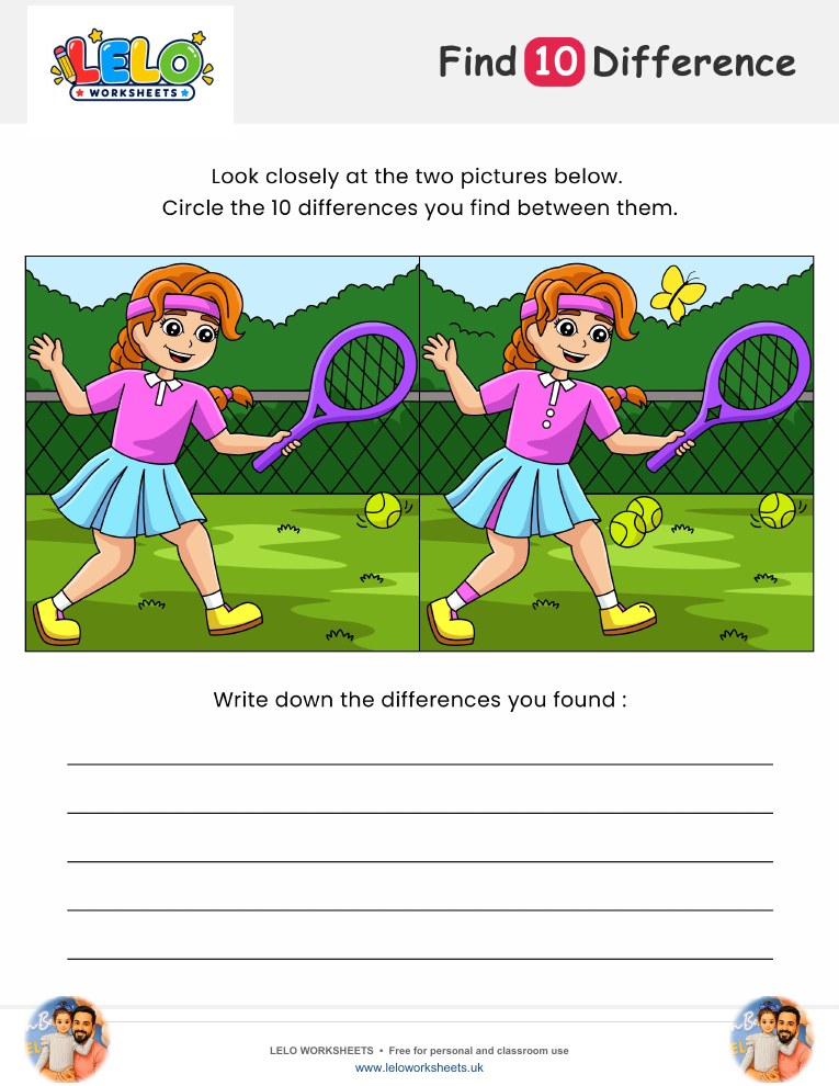 Tennis Spot the Difference Worksheet worksheet preview