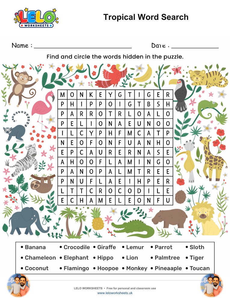 Tropical Word Search puzzle worksheet preview