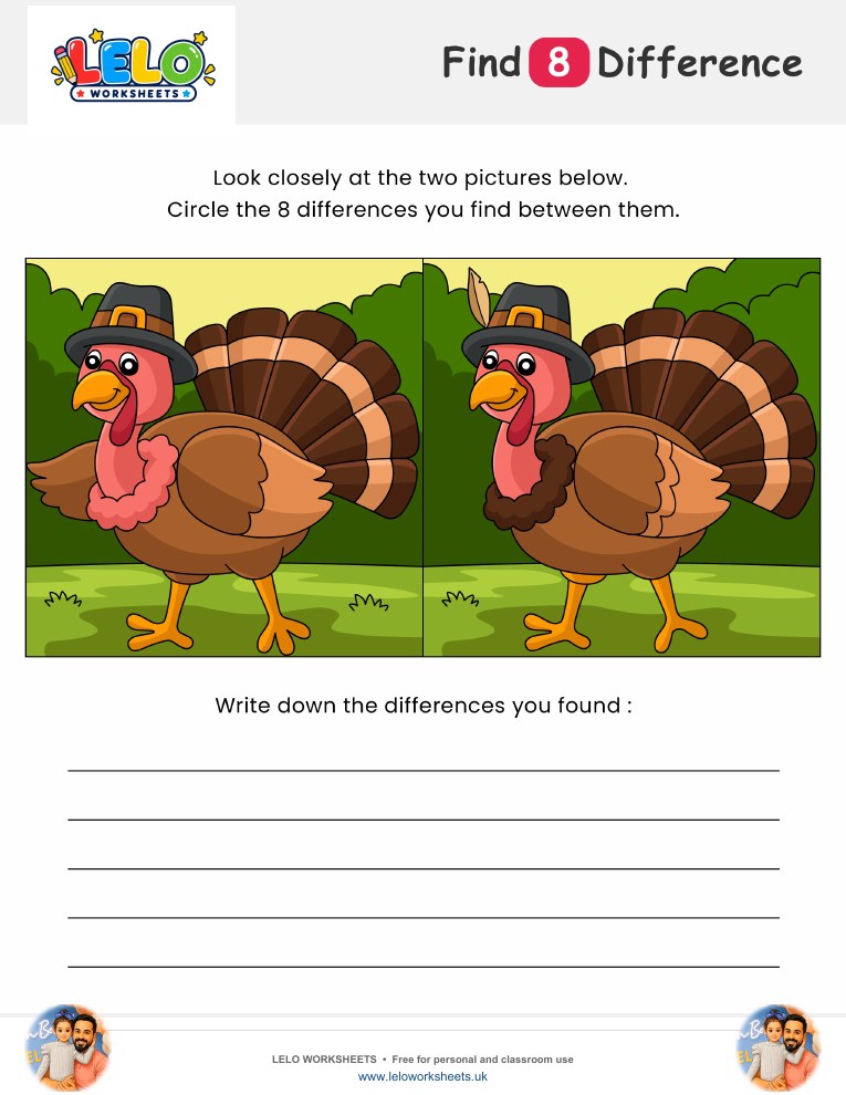 Turkey Spot the Difference Worksheet worksheet preview