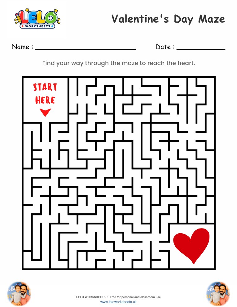 Valentines Day Maze Worksheet worksheet preview