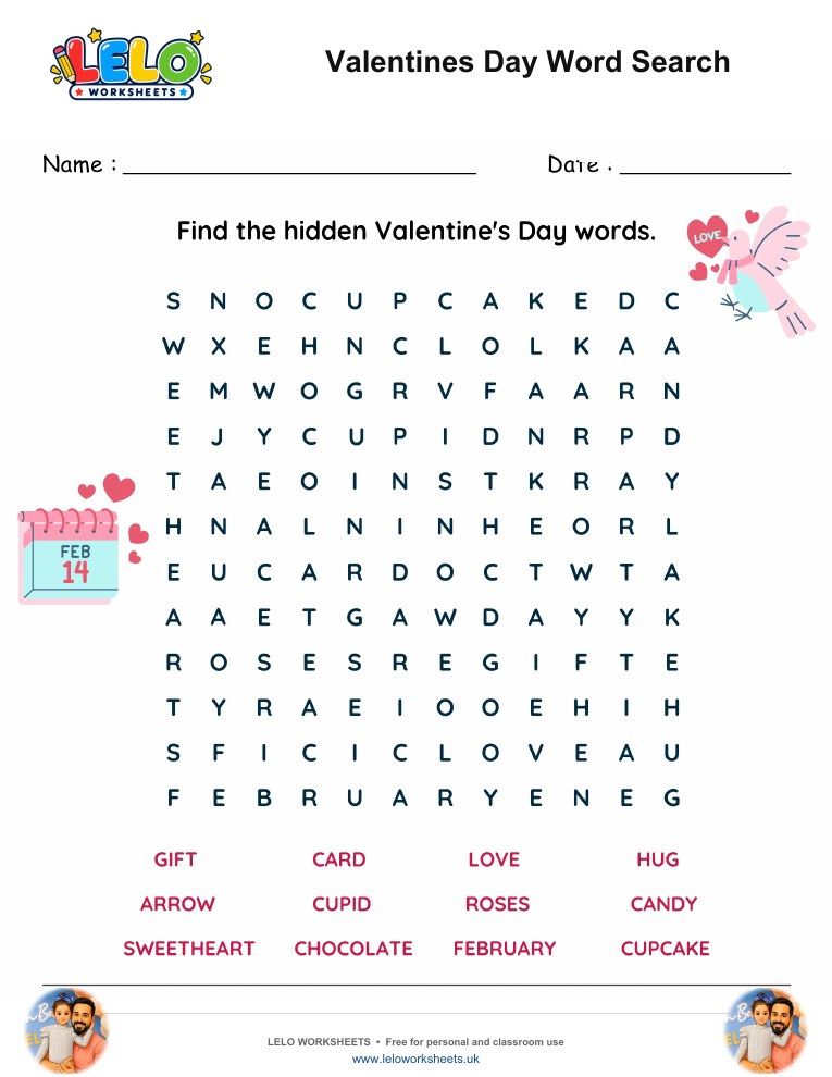 Valentines Day Word Search Worksheet worksheet preview