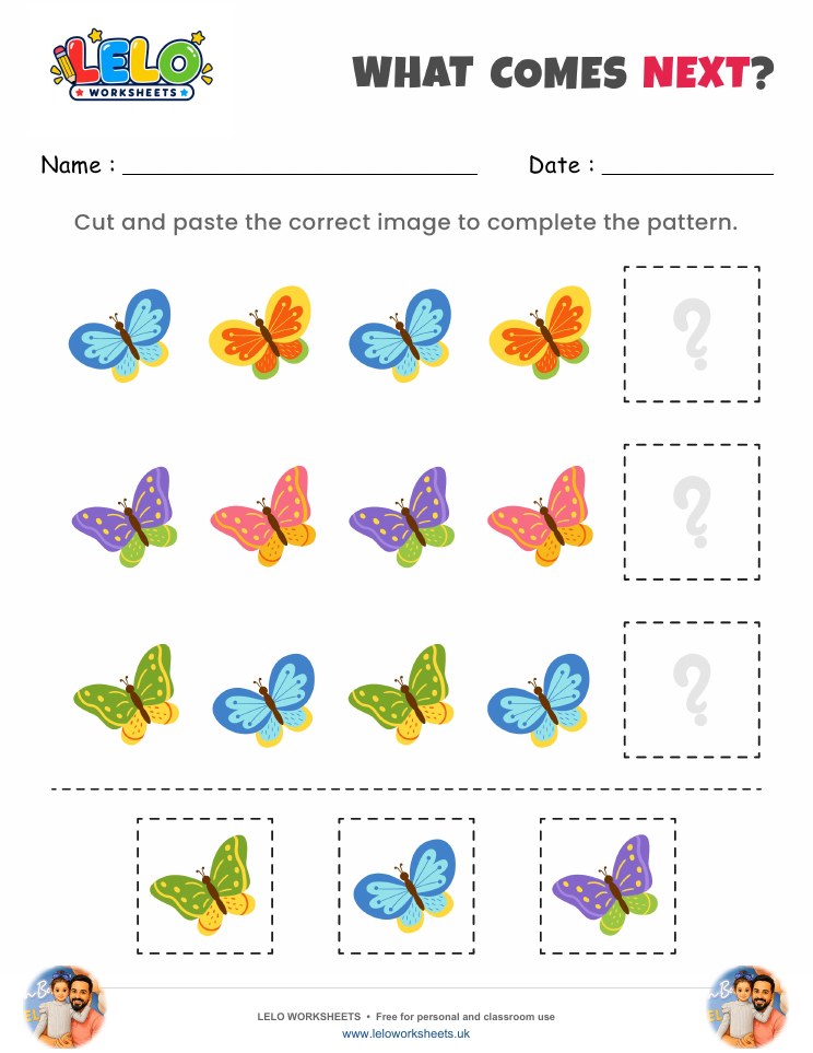 What comes next Butterflies Worksheet worksheet preview