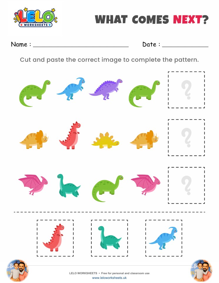 What comes next Dinosaurs Worksheet worksheet preview