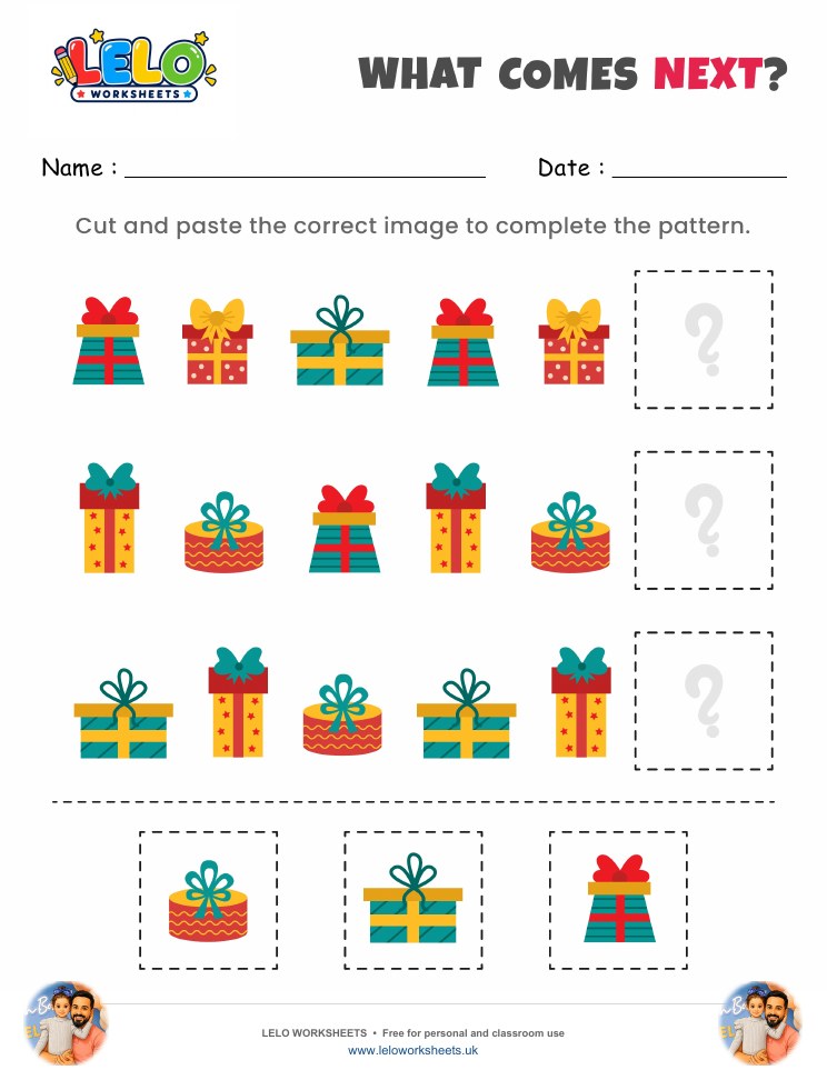 What comes next Gift Boxes Worksheet worksheet preview