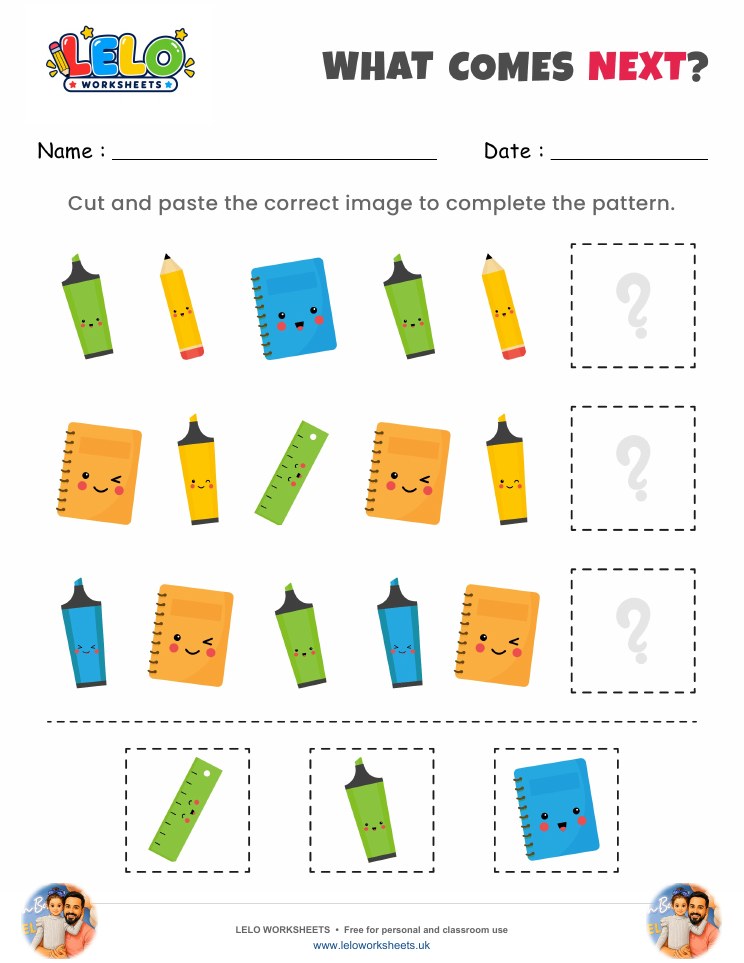 What comes next Stationery Worksheet worksheet preview