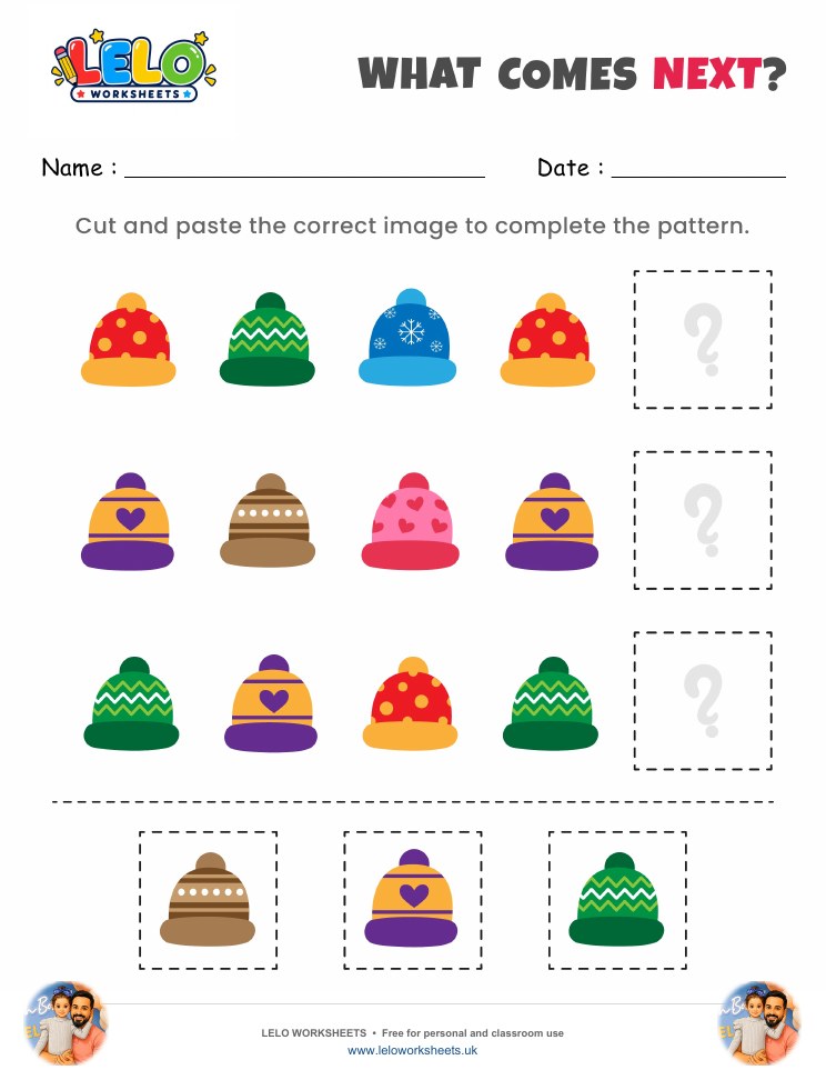 What comes next Winter Caps Worksheet worksheet preview
