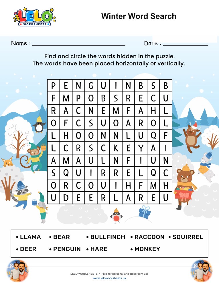 Winter Word Search puzzle worksheet preview