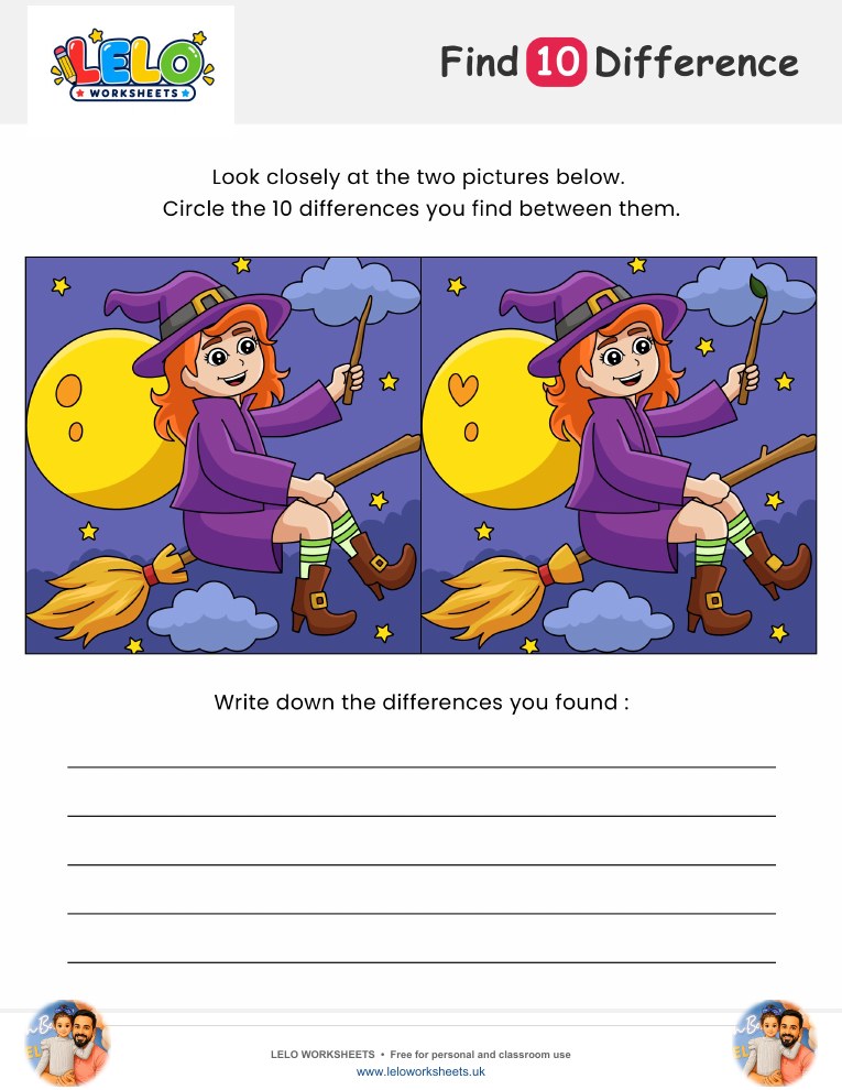 Witch Girl Spot the Difference Worksheet worksheet preview