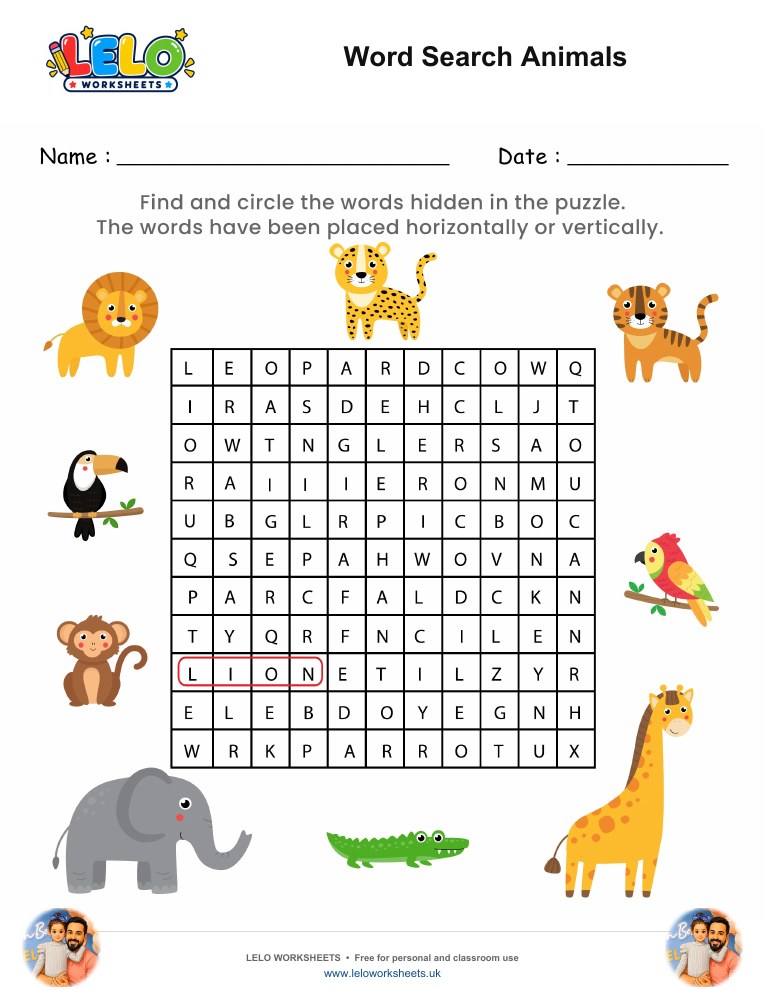 Word Search Animals Worksheet worksheet preview