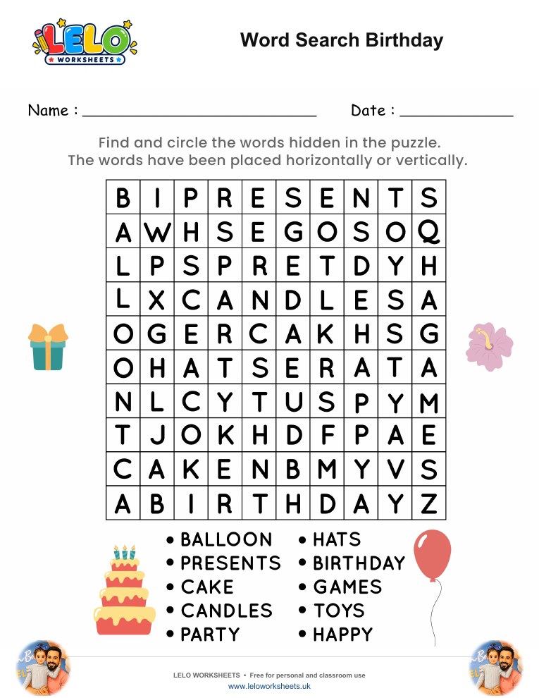 Word Search Birthday Worksheet worksheet preview