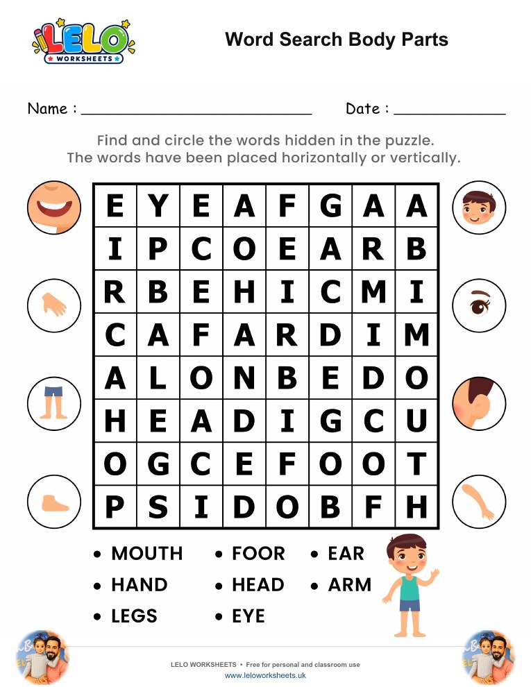Word Search Body Parts Worksheet worksheet preview