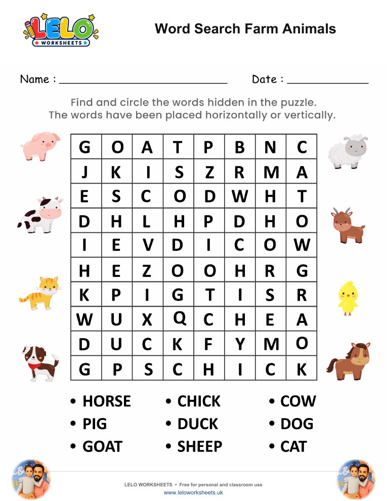 Word Search Farm Animals Worksheet worksheet preview