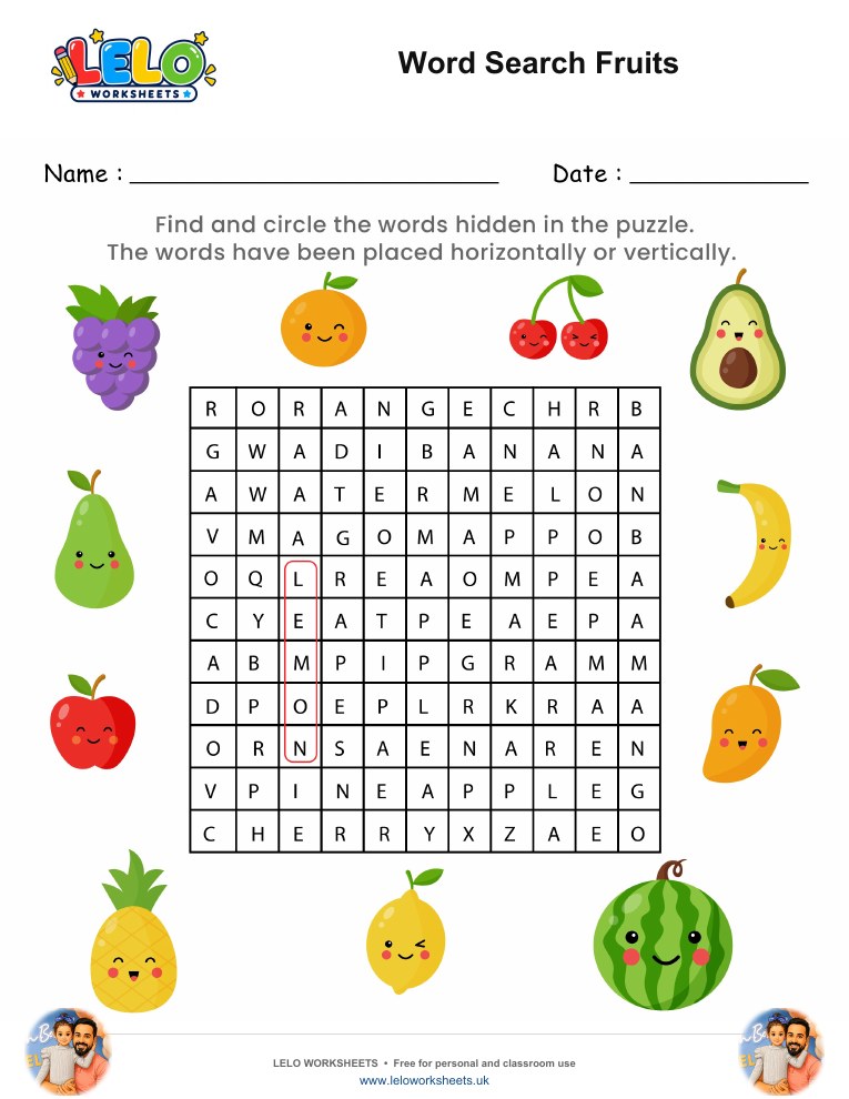 Word Search Fruits Worksheet worksheet preview