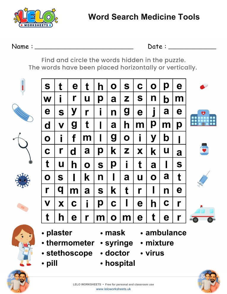 Word Search Medicine Tools Worksheet worksheet preview
