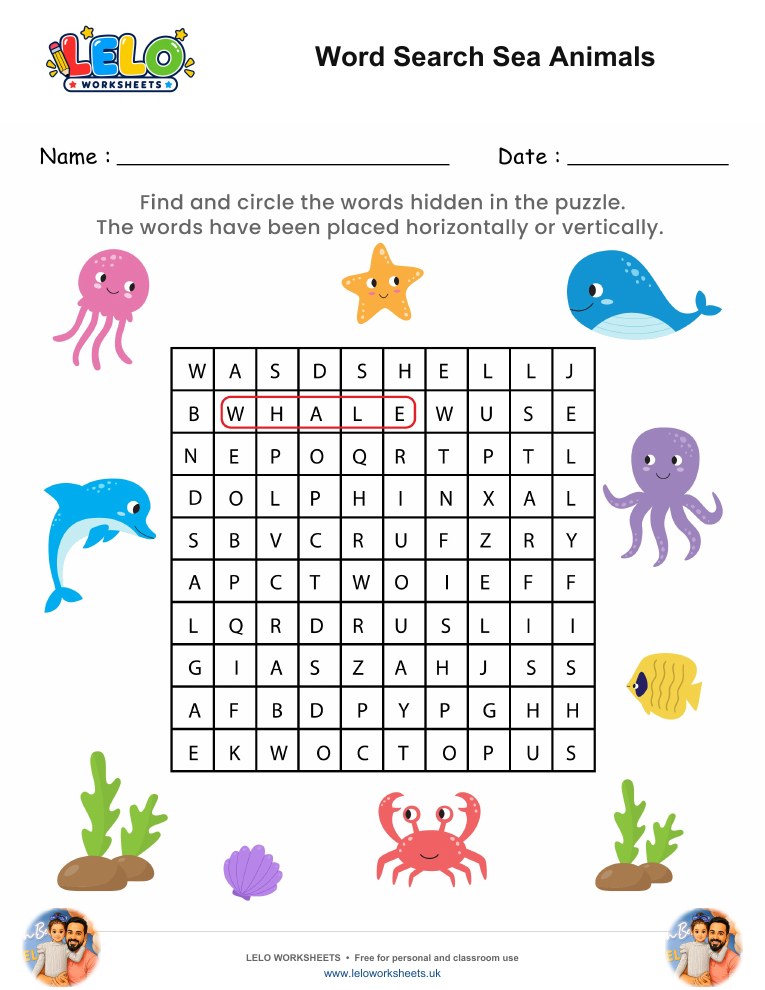 Word Search Sea Animals Worksheet worksheet preview