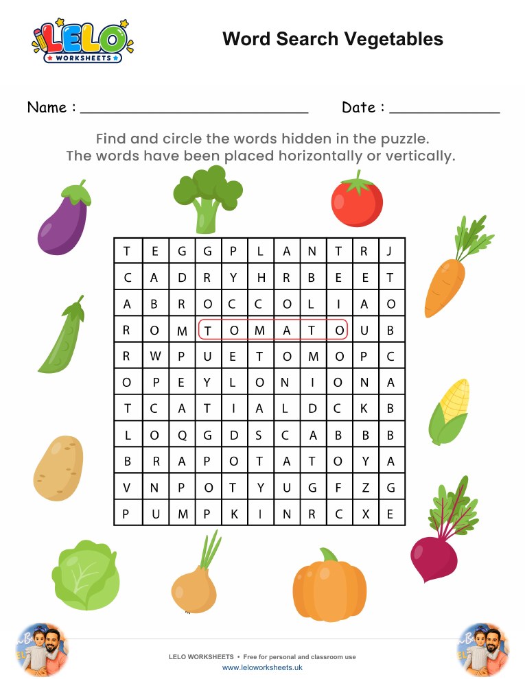 Word Search Vegetables Worksheet worksheet preview