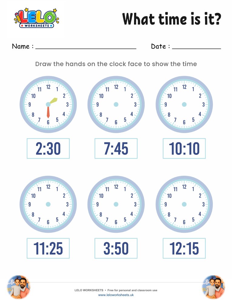 Draw hands on clock worksheet 2 worksheet preview