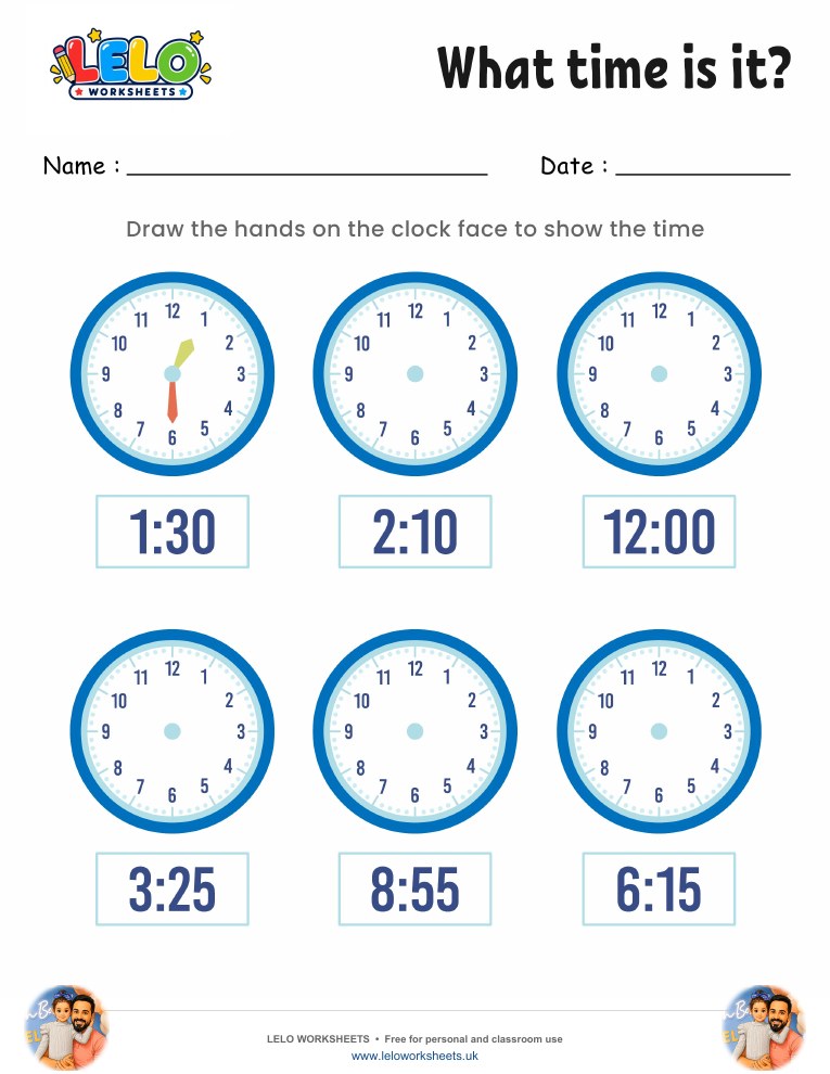 Draw hands on clock worksheet 5 worksheet preview
