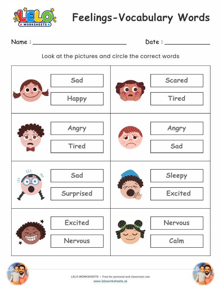 Feelings Vocabulary Worksheet worksheet preview
