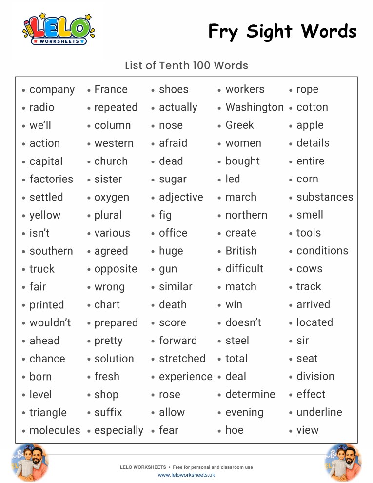 Fry Sight Words List 10 Worksheet worksheet preview