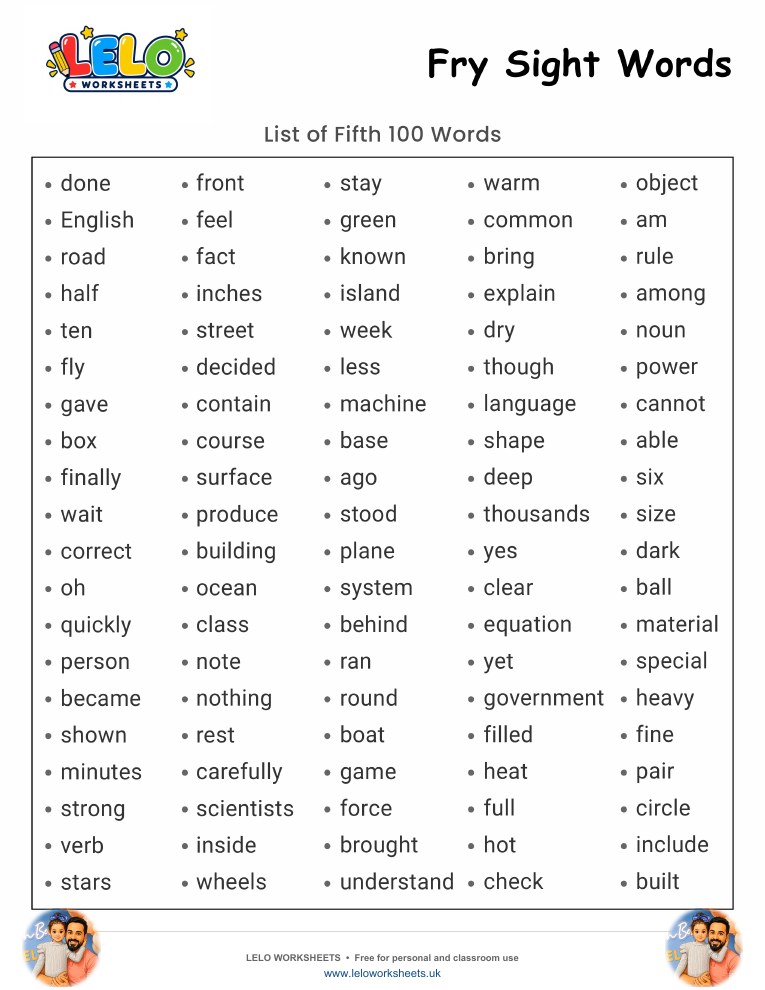 Fry Sight Words List 5 Worksheet worksheet preview