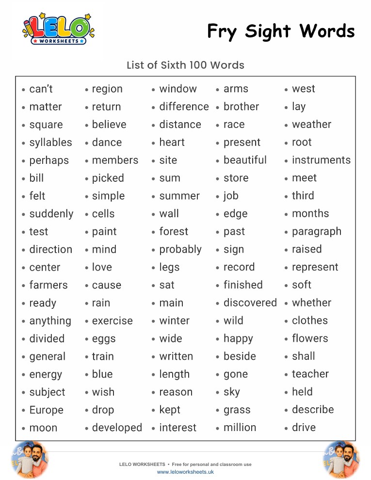 Fry Sight Words List 6 Worksheet worksheet preview
