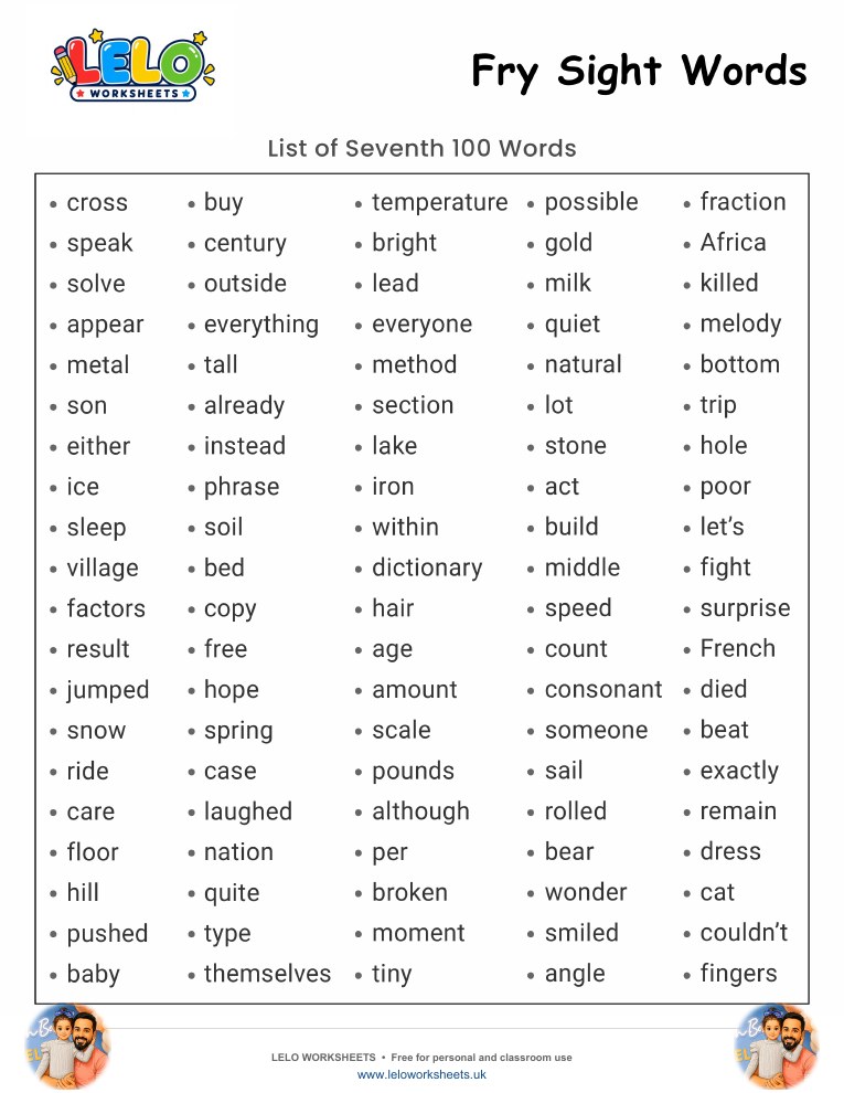 Fry Sight Words List 7 Worksheet worksheet preview