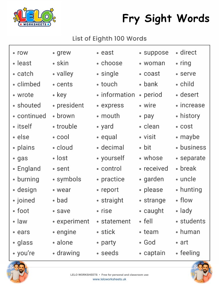 Fry Sight Words List 8 Worksheet worksheet preview