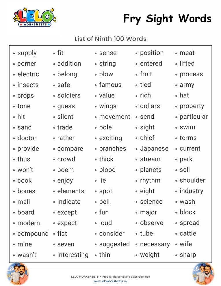 Fry Sight Words List 9 Worksheet worksheet preview