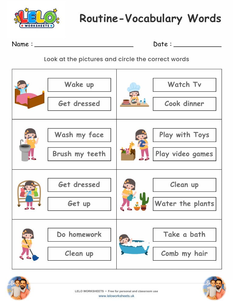 Routine Vocabulary Worksheet worksheet preview
