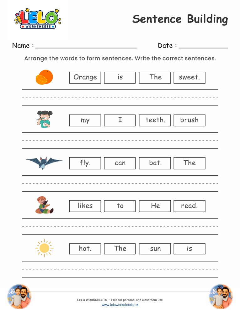 Sentence Building Worksheet worksheet preview
