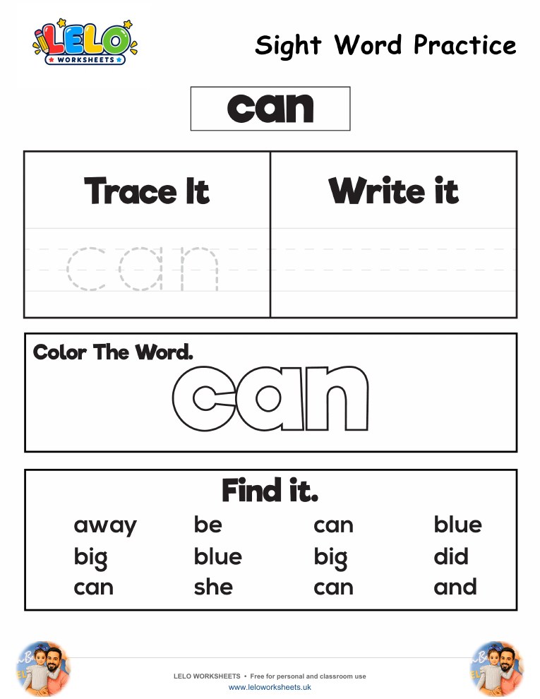 Sight Word Practice can Worksheet worksheet preview