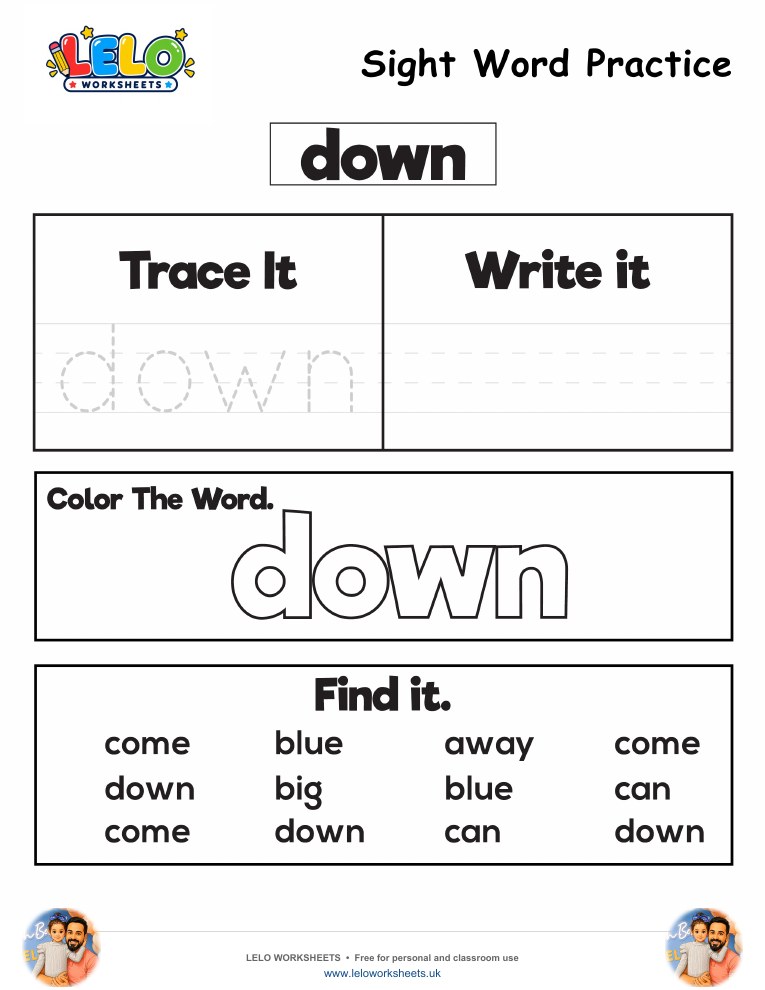 Sight Word Practice down Worksheet worksheet preview