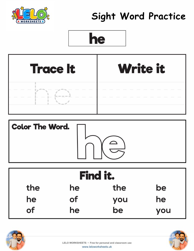 Sight Word Practice he Worksheet worksheet preview