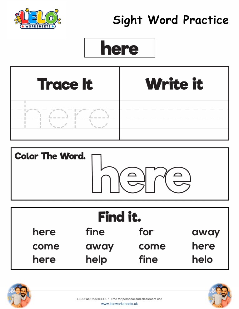 Sight Word Practice here Worksheet worksheet preview