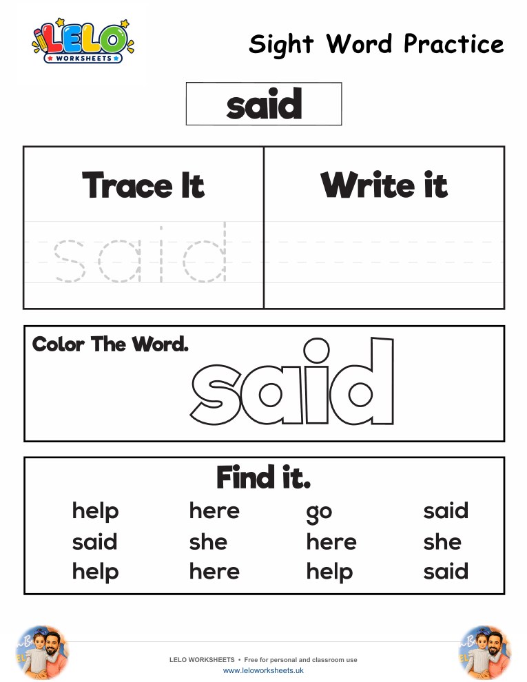 Sight Word Practice said Worksheet worksheet preview