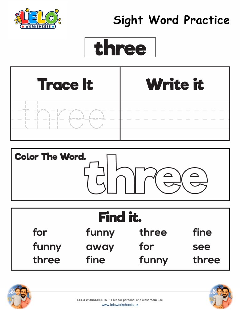 Sight Word Practice three Worksheet worksheet preview