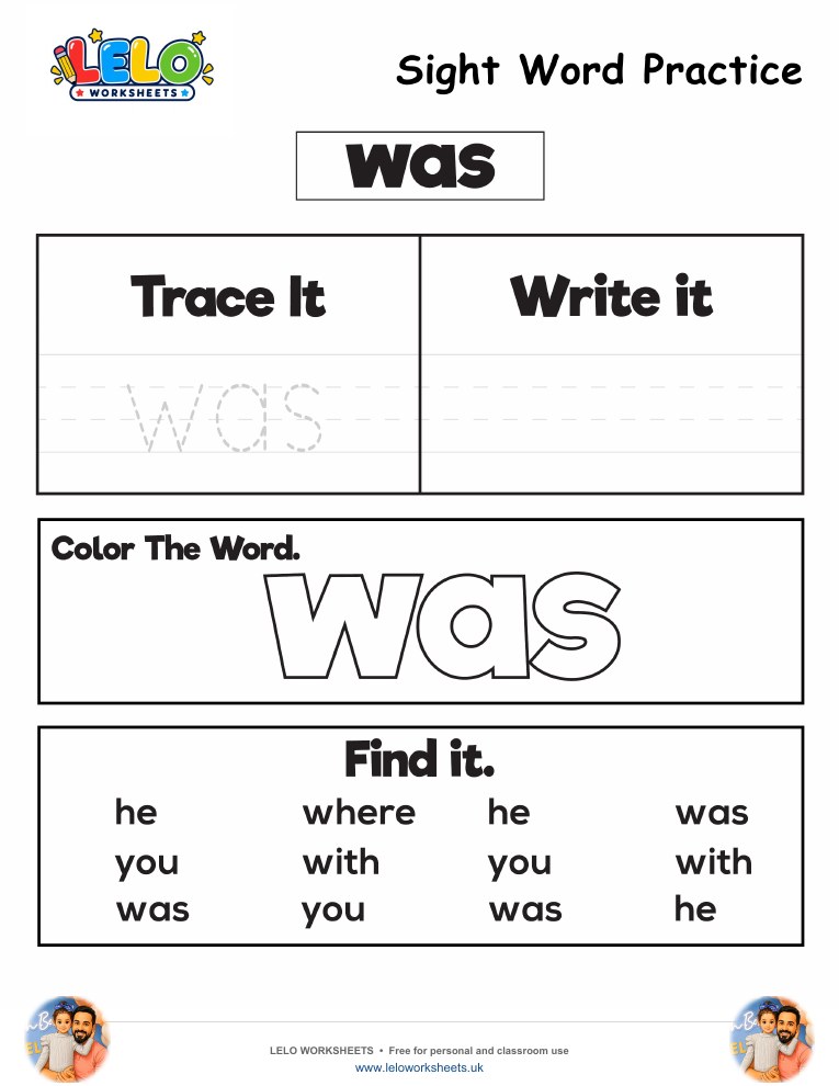 Sight Word Practice was Worksheet worksheet preview