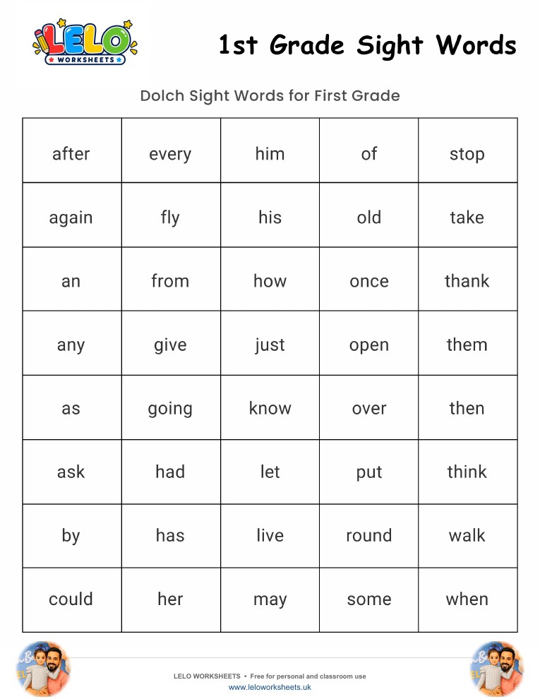 Sight Words 1st Grade Worksheet worksheet preview