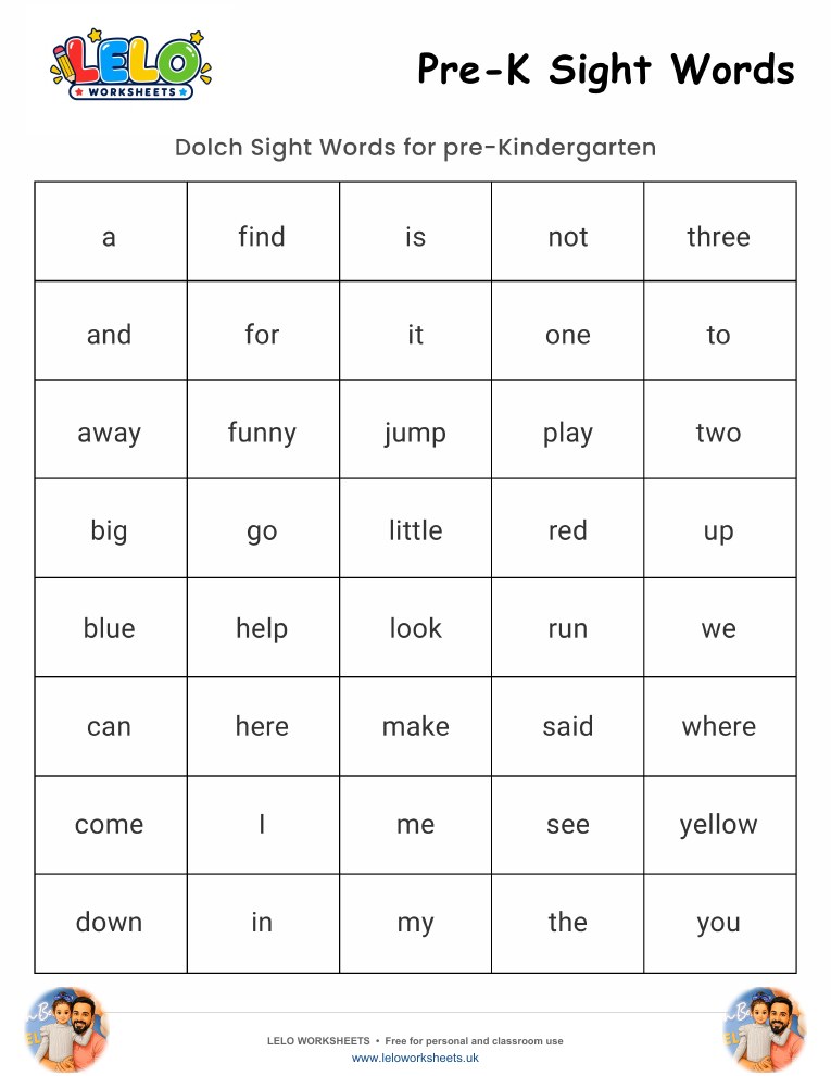 Sight Words Pre-k Worksheet worksheet preview