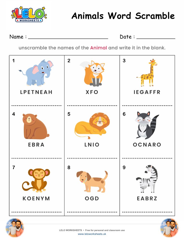 Spelling Word Scramble Animals Worksheet worksheet preview