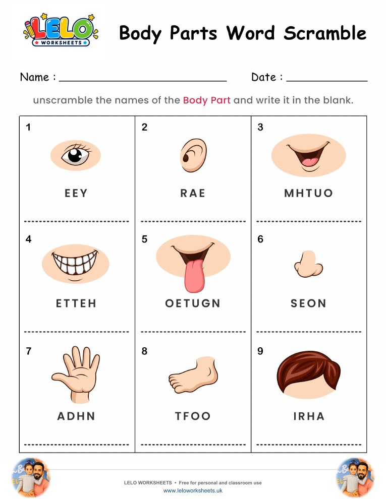 Spelling Word Scramble Body Parts Worksheet worksheet preview