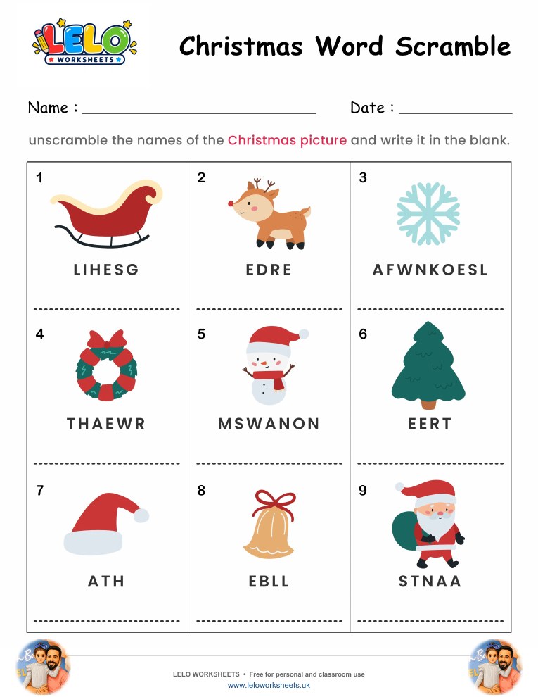 Spelling Word Scramble Christmas Worksheet worksheet preview