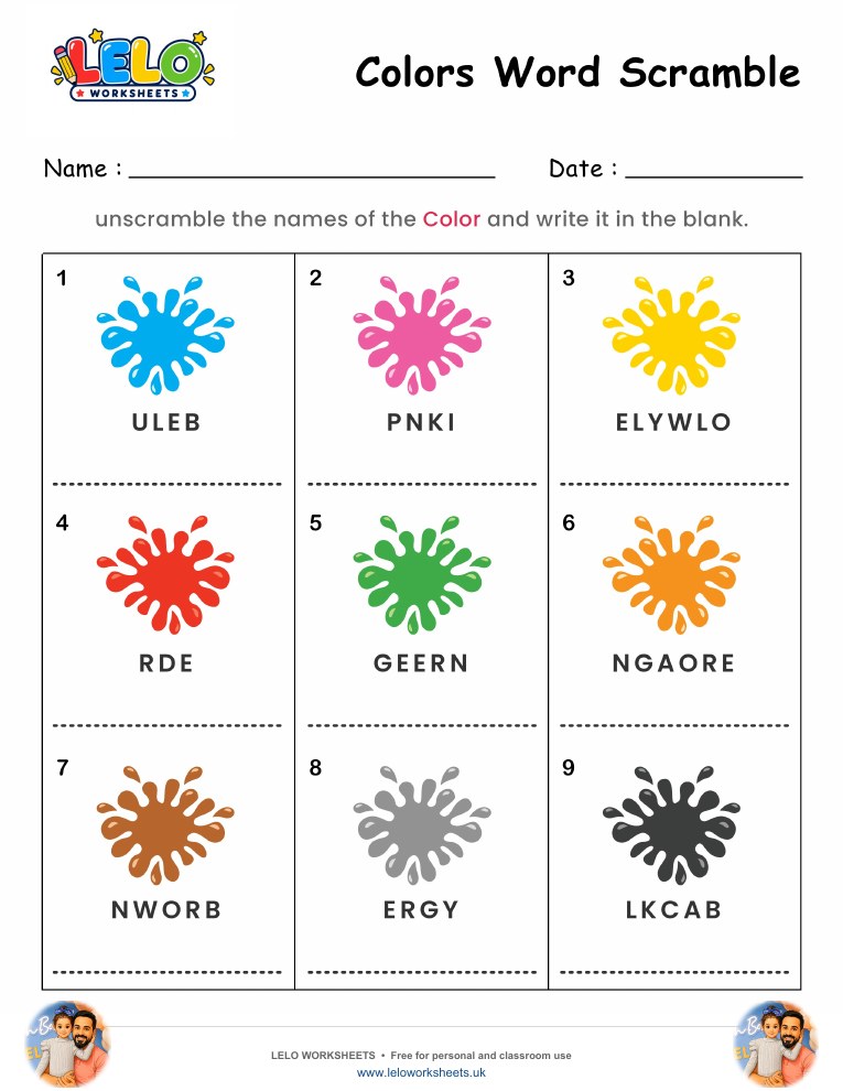 Spelling Word Scramble Colors Worksheet worksheet preview