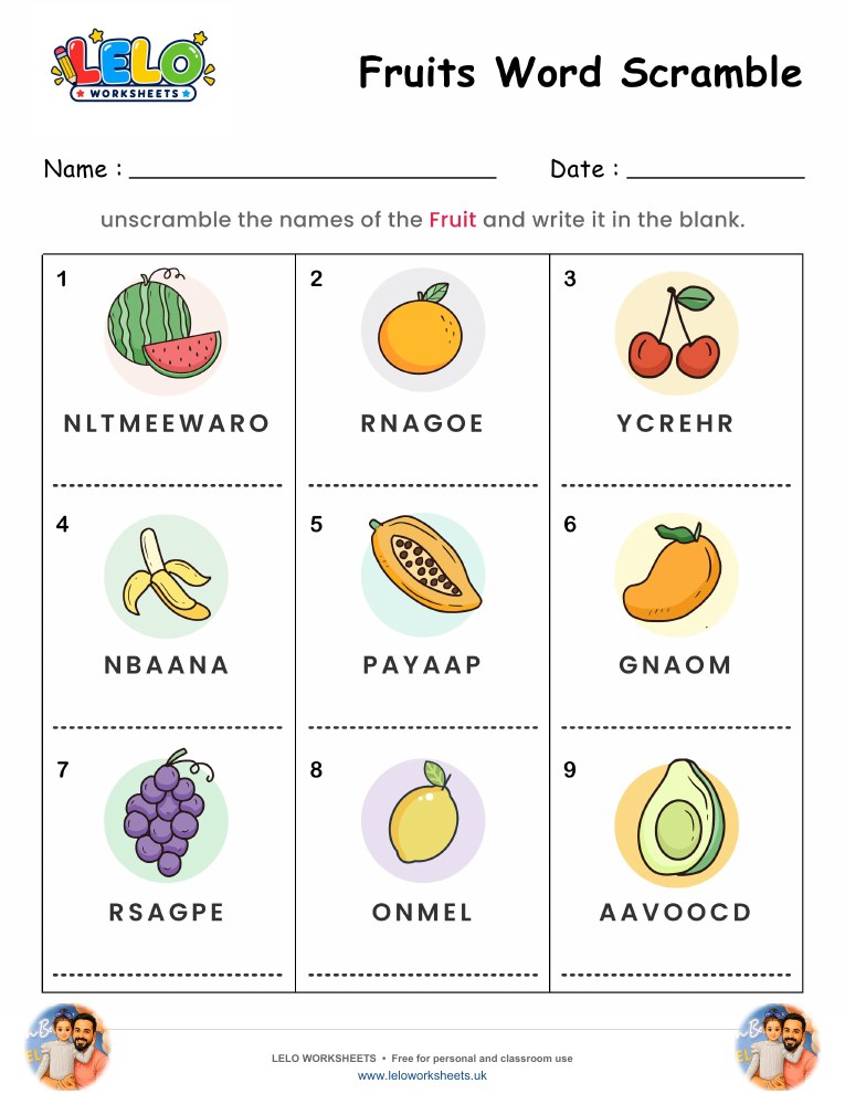 Spelling Word Scramble Fruits Worksheet worksheet preview